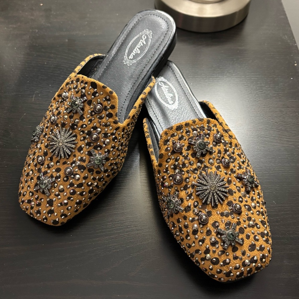 Atalina Size 7 sparkly embellished spotty leopard mules